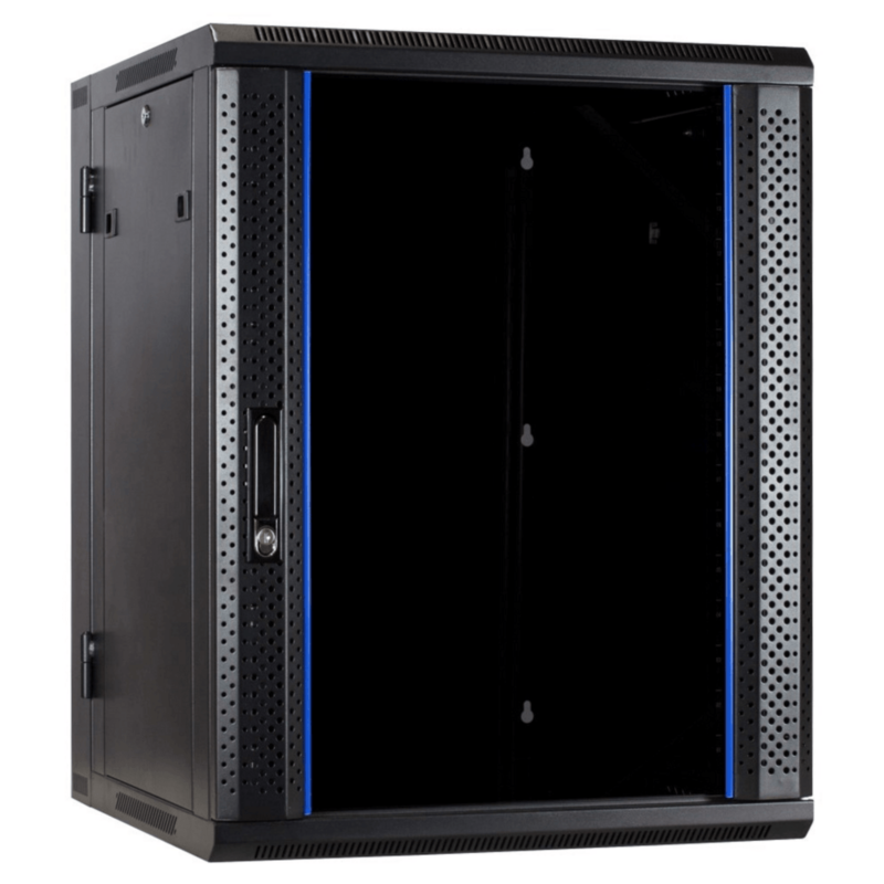 18U wandkast (kantelbaar) met glazen deur 600x600x900mm (BxDxH)