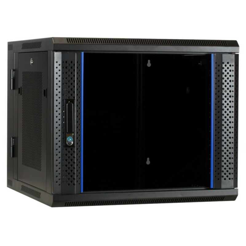 9U wandkast (kantelbaar) met glazen deur en geperforeerde zijwanden 600x600x500mm (BxDxH)